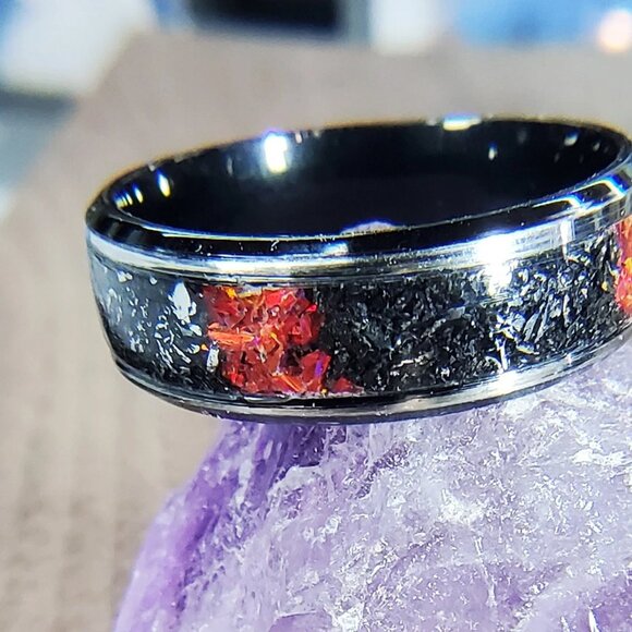 "Asteroid Alert" Ring with Campo del Cielo Meteorite Shavings & Red Opal - Picture 3 of 8